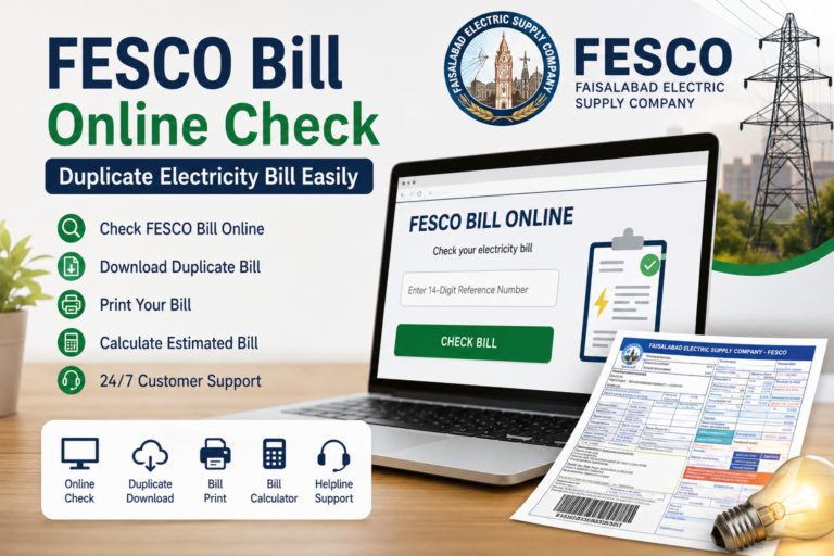 FESCO Bill Online website banner showing online bill check, duplicate bill download, bill calculator, and customer support services